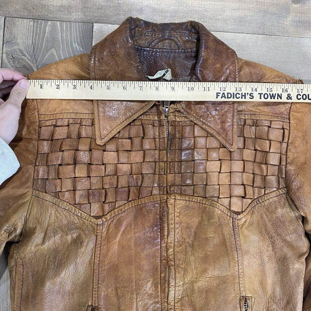 Vintage 70's Bermans Leather Experts Basketweave Brown Leather Jacket Size 38 - Picture 11 of 15